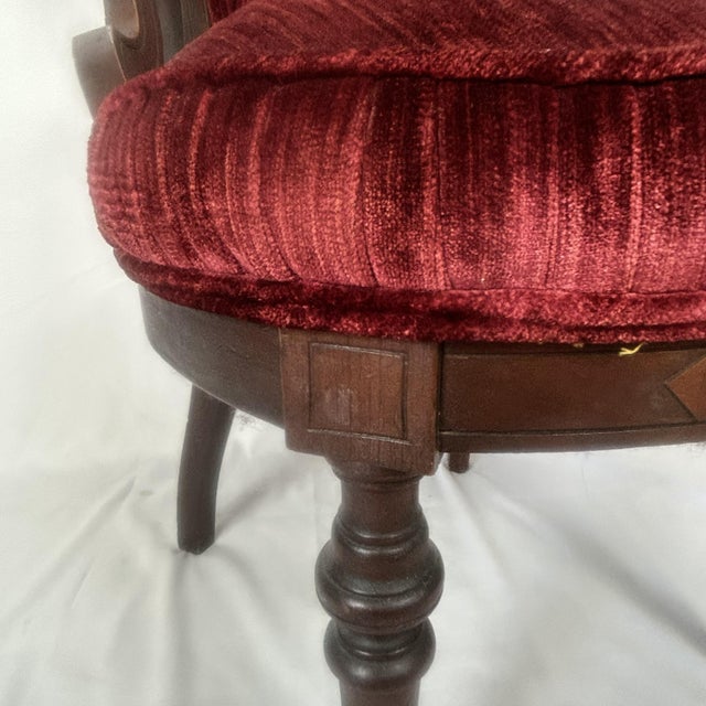Antique Victorian-Style Parlor Chair Featuring Rich Red Velvet Tufted Upholstery For Sale - Image 12 of 13
