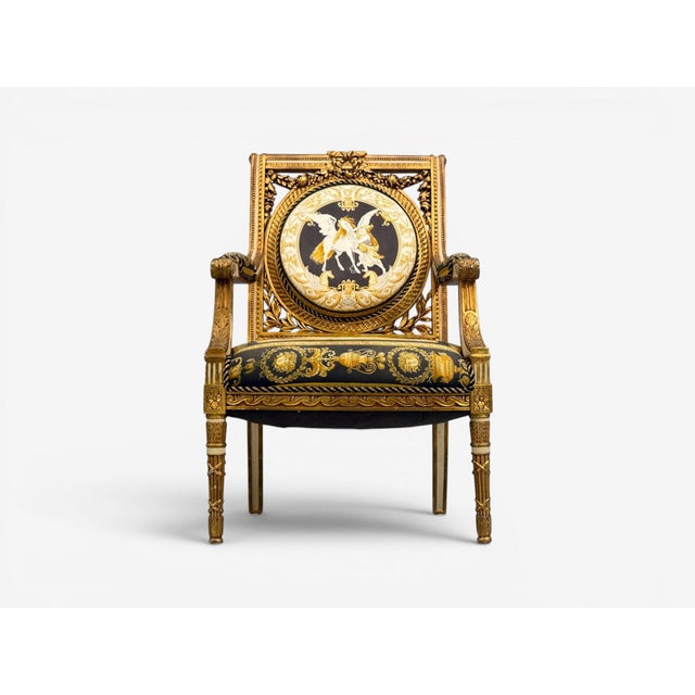 Ebony Louis Xvi, French Arm Chair, Versace Fabric, Giltwood, France, 1960s For Sale - Image 8 of 17