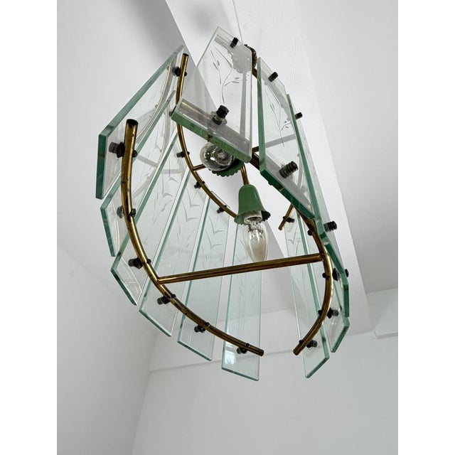 Metal Murano Glass and Brass Pendant Light in the style of Fontana Arte, 1950s For Sale - Image 7 of 9