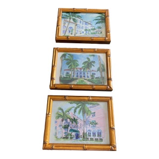 1970s Janet Chalif Palm Beach Miniature Lithographs in Gold Bamboo Frames For Sale