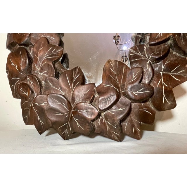 Antique Hand Carved Folk Art Wood Leaf & Vine Wall Mirror Sculpture Art Carving For Sale - Image 9 of 11