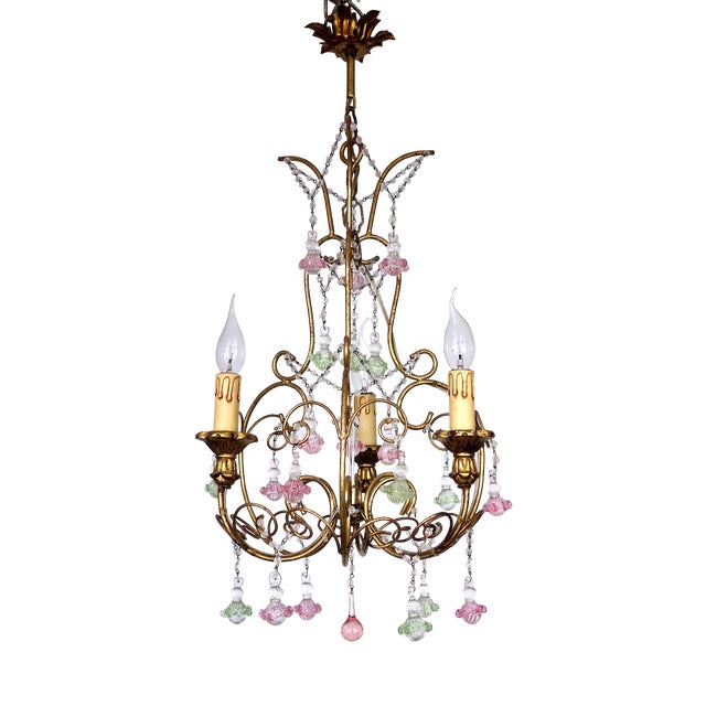 Vintage Metal Murano Glass Flower Chandelier, 1940s For Sale