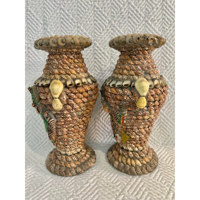 Mid-Century Shell Encrusted Coastal Vases With Sea Dragon Motif – Pair For Sale - Image 4 of 10