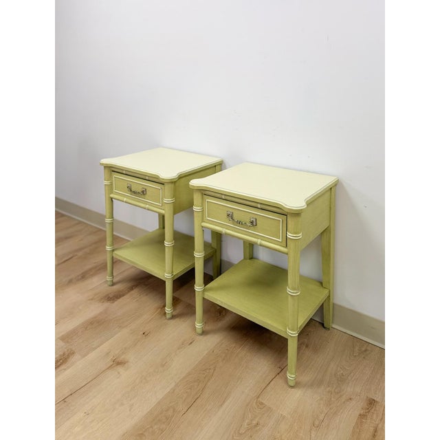 This lovely pair of vintage Henry Link, Bali Hai green faux bamboo nightstands are a beautiful and highly collectible...