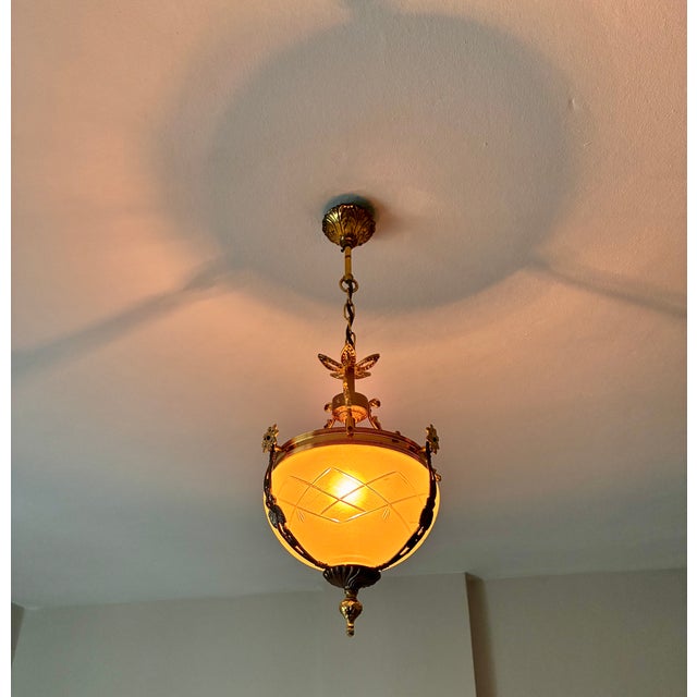 French 1960s French Brass & Etched Glass Bowl Pendant Light - Restored For Sale - Image 3 of 18
