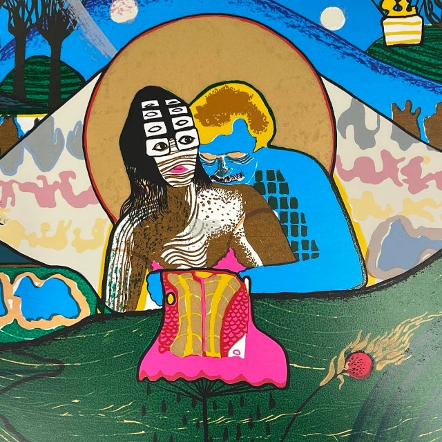 This striking 1972 signed serigraph uses the metallic properties of silver foil to mimic the shimmering reflection of...