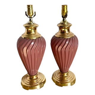 Postmodern Pink Glass Swirl and Gold Table Lamps - A Pair For Sale