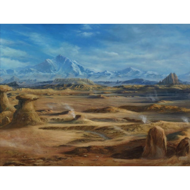 This oil painting depicts a vast, desolate landscape characterized by rugged mountains and arid terrain, evoking a sense...