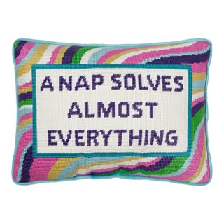 A Nap Solves Almost Embroidered Needlepoint Pillow, 10" x 14" For Sale