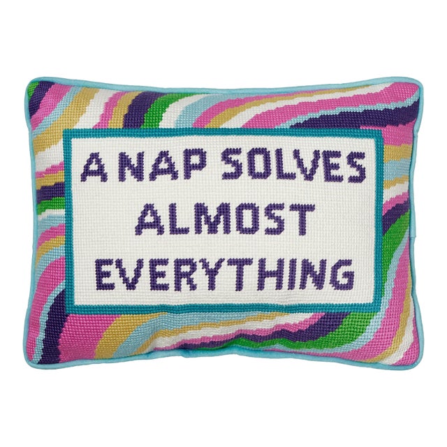 A Nap Solves Almost Embroidered Needlepoint Pillow, 10" x 14" For Sale