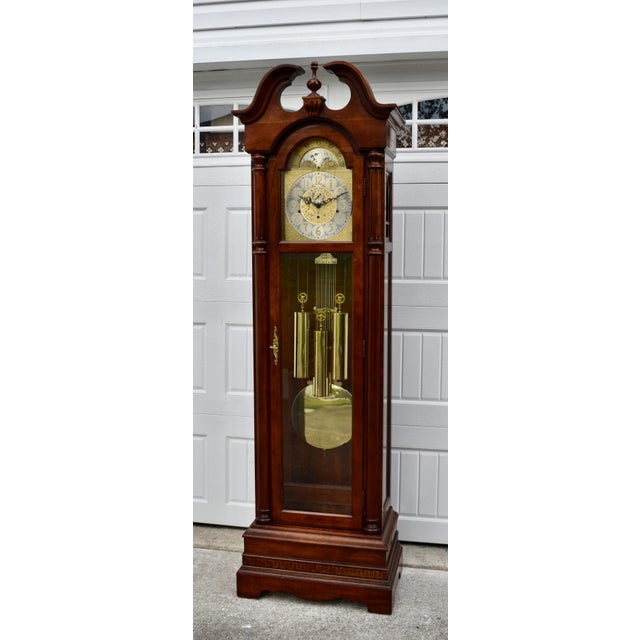 Ridgeway Grandfather Clock Wood Brass Dial Moving Moon Phase Windsor Cherry For Sale - Image 4 of 18