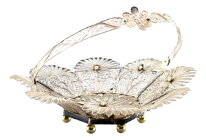 Basket-Shaped Silver Filigree Bowl with Appliqués and Ball-Shaped Feet