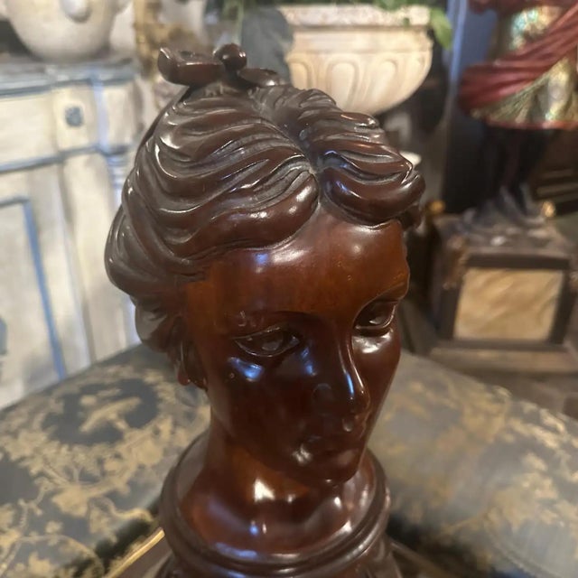 1900s A Sicilian Art Nouveau Wood Sculpture of a Bust of a Young Woman For Sale - Image 6 of 17