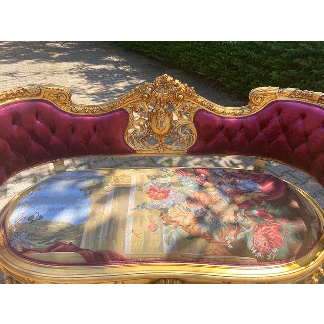 Gold 1950s French Louis XVI Gold Beech Velvet Settee For Sale - Image 8 of 13