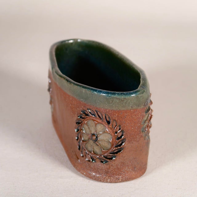 1970s Handcrafted Signed Studio Pottery Floral Relief Ceramic Vessel Cachepot in Earthy Brown & Green Glaze For Sale - Image 12 of 15