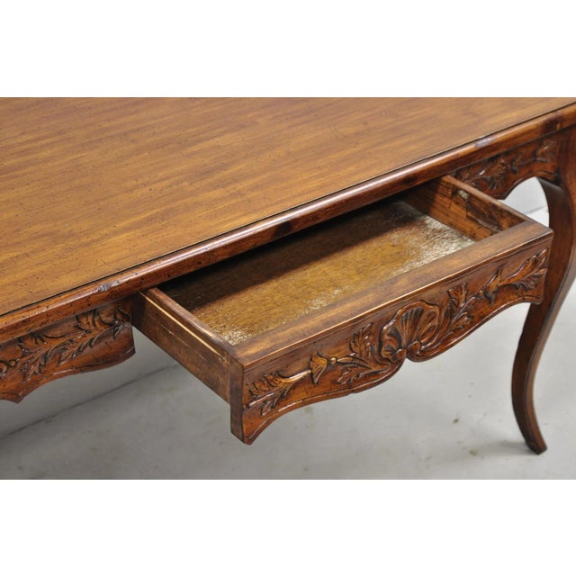 Wood Vintage French Country Pine Wood Distress Floral Carved 1 Drawer Writing Desk For Sale - Image 7 of 14