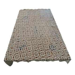 Vintage 71 X 70 Rectangular Crochet Tablecloth Beige Floral Farmhouse Traditional Grandmillennial For Sale