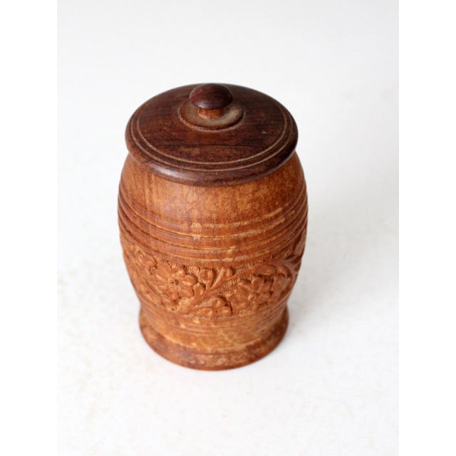French Country Vintage Hand Carved Floral Wood Jar For Sale - Image 3 of 9