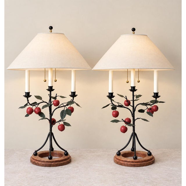 Frederick Cooper Frederick Cooper Chicago Tole Apple and Iron Candelabra Table Lamps Set of 2, 1950s Folk Art Toleware For Sale - Image 4 of 11