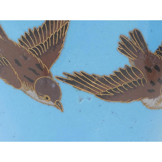 Pair Japanese Cloisonne Owls Hawks Maple on Turquoise Blue Enamel Vases Goto For Sale - Image 9 of 9