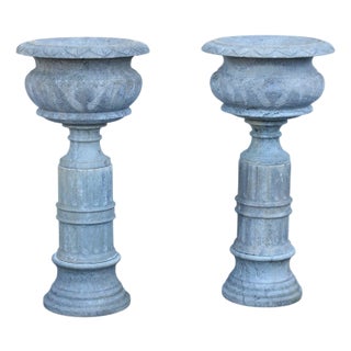 Vintage Pair Of Carved Granite Three Piece Garden Urns On Pedestals For Sale