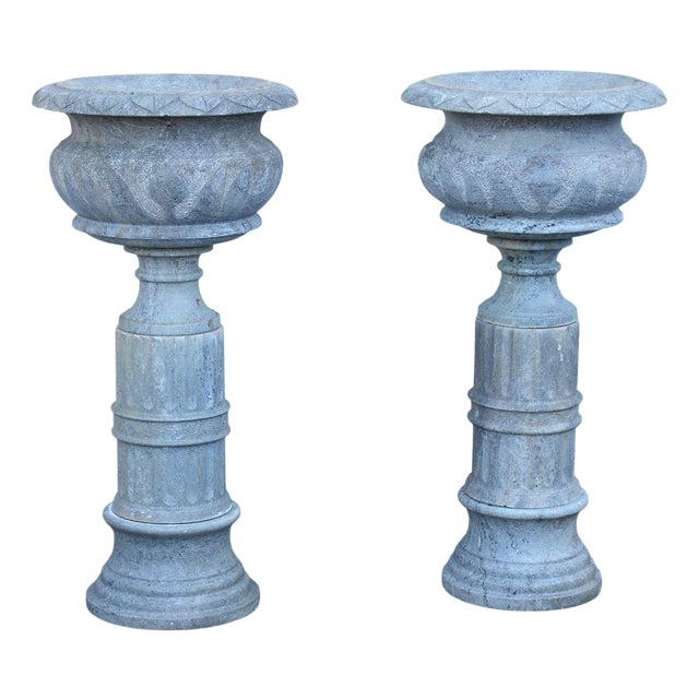 Vintage Pair Of Carved Granite Three Piece Garden Urns On Pedestals For Sale