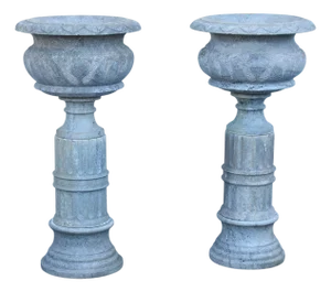 Vintage Pair Of Carved Granite Three Piece Garden Urns On Pedestals