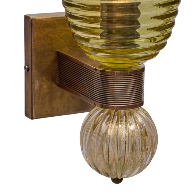 Glass Pair of Murano Olive Green Glass and 24 Carat Gold Avventurine Sconces For Sale - Image 7 of 10