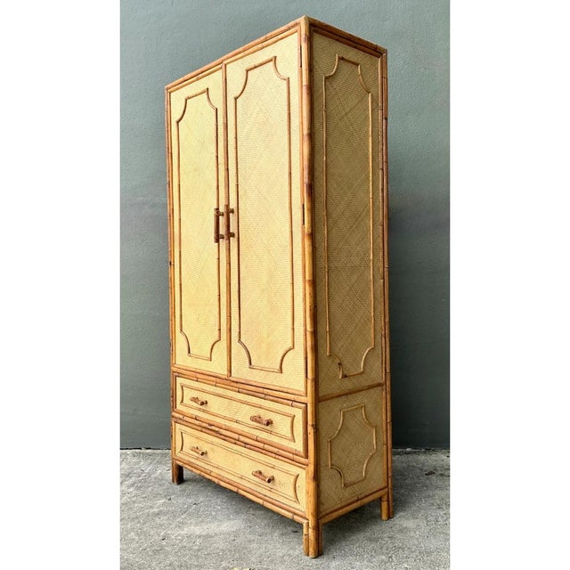 Vintage Notched Bamboo and Rattan Armoire For Sale - Image 4 of 12