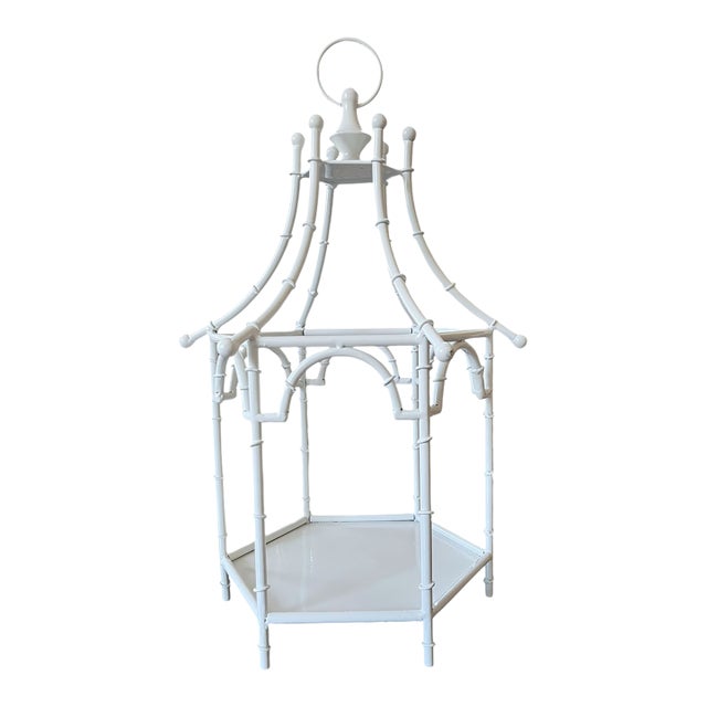 Large White Faux Bamboo Tole Metal Chinoiserie Pagoda Lantern & Centerpiece, 20" For Sale
