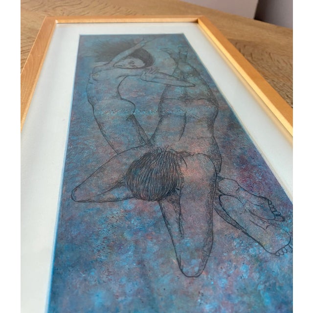 1980s Ethereal Swimming Figures Etching in Blonde Hardwood Frame For Sale - Image 5 of 8