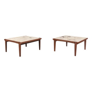 Mid-Century Modern Walnut and Faux Marble Side Tables For Sale
