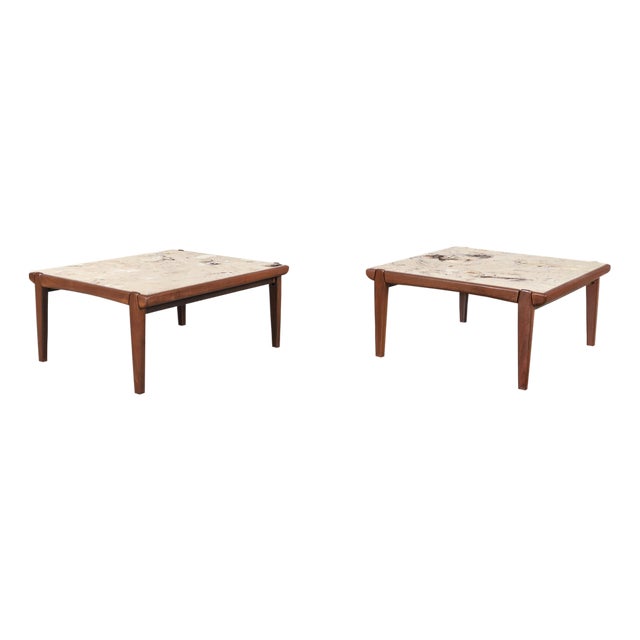Mid-Century Modern Walnut and Faux Marble Side Tables For Sale