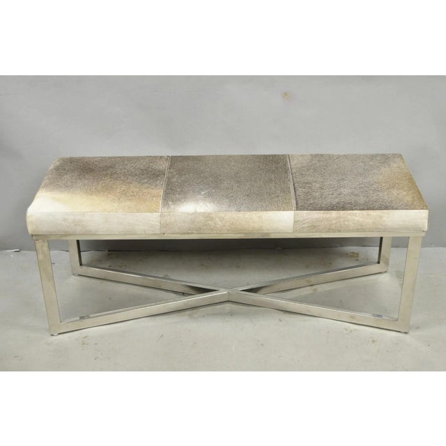 Modern Leather Cowhide Silver Chrome Metal X-Frame Stretcher Base Bench For Sale - Image 10 of 15