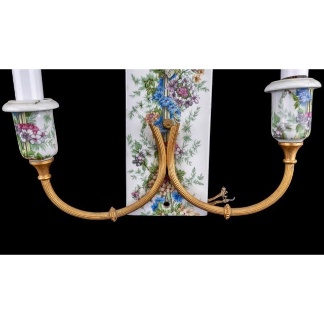 French Pair of Vintage Porcelaine De Paris Floral & Gilt Two-Arm Wall Sconces — 12”h For Sale - Image 3 of 8