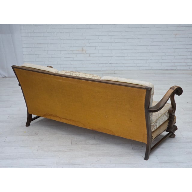 Vintage Danish Three-Seater Sofa in Furniture Fabric and Carved Oak, 1950s For Sale - Image 9 of 18