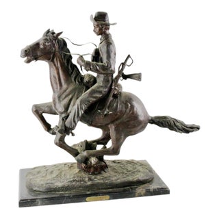 Mid 20th Century After Frederic Remington “Trooper of the Plains” Bronze Equestrian Sculpture on Marble Base For Sale