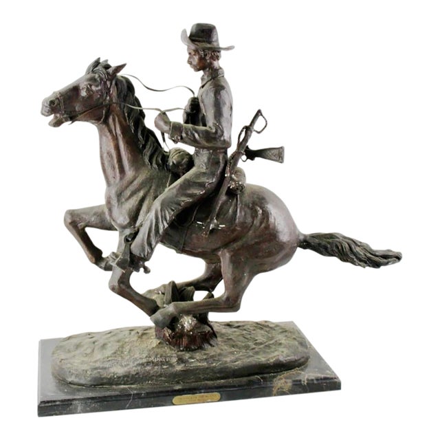 Mid 20th Century After Frederic Remington “Trooper of the Plains” Bronze Equestrian Sculpture on Marble Base For Sale