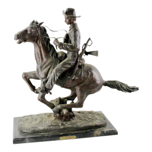 Mid 20th Century After Frederic Remington “Trooper of the Plains” Bronze Equestrian Sculpture on Marble Base