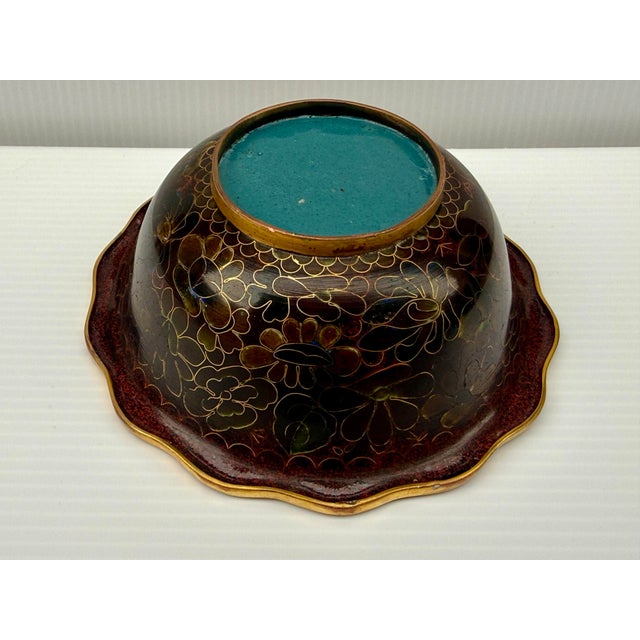 Brown Japanese Cloisonné Enamel Bowl, Showa Period, Hand-Wired Floral Interior 5” Diameter For Sale - Image 8 of 11