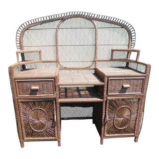 Vintage Boho Chic Wicker Peacock Fan Back Vanity For Sale