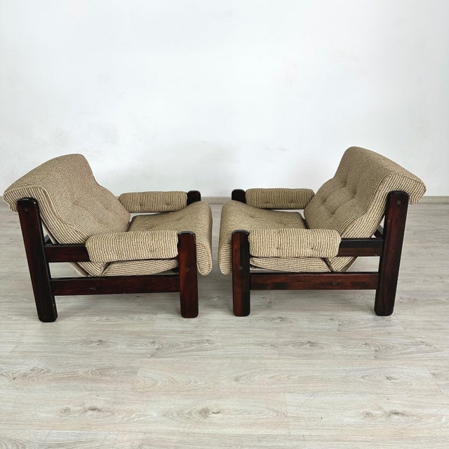 Dimensions: H 27” x W 31.5” x D 34.5” x SH 17.5” Pair of Vintage Danish lounge chairs with dark wood frame and striped...