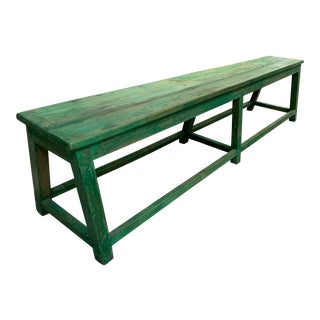 Antique Green Painted Long Bench For Sale