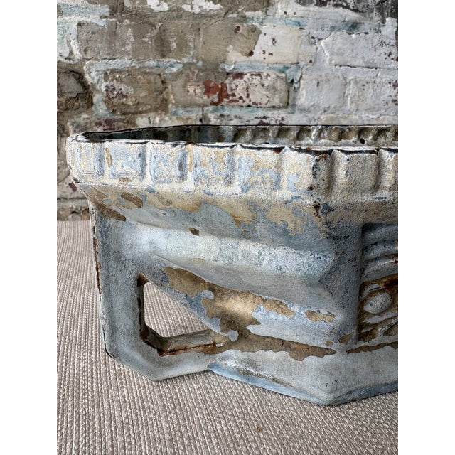 Metal Vintage Cast Iron Garden Trough Planter With Weathered Blue Patina For Sale - Image 7 of 9