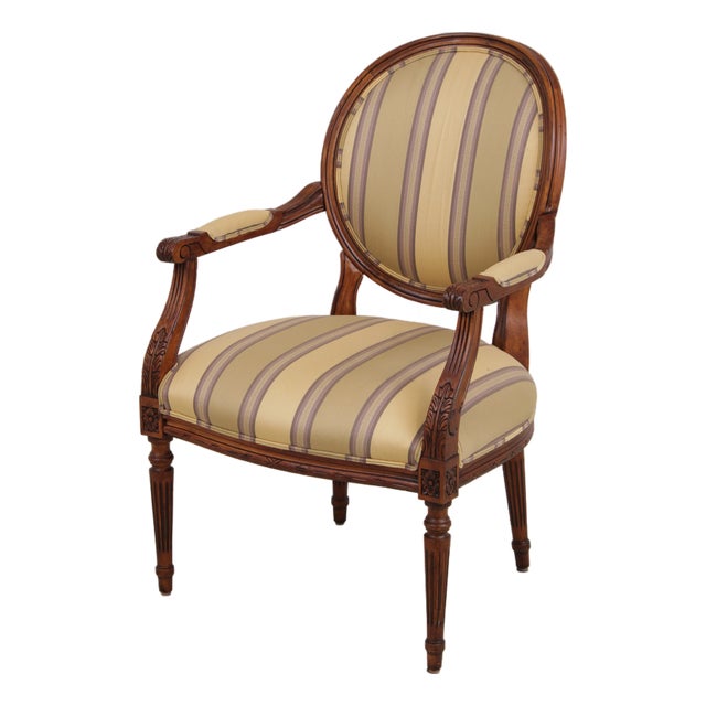 Louis XVI Style Mahogany Open Arm Fauteuil Chair For Sale