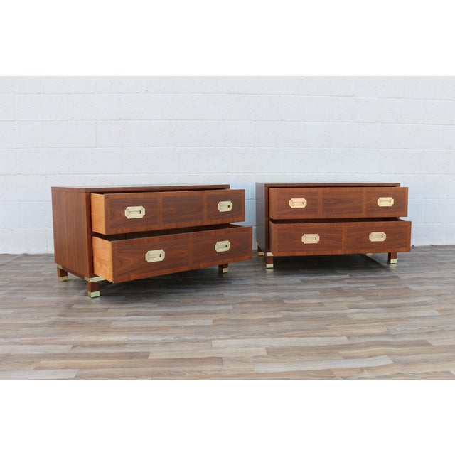 Mid-Century Modern Pair of Mid-Century Modern Campaign Walnut Nightstands by Baker Milling Road | Brass Hardware, Circa 1960s For Sale - Image 3 of 18