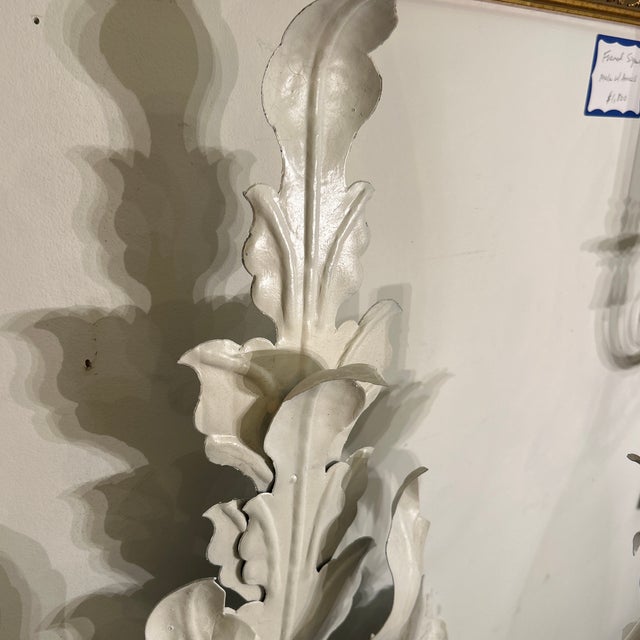 Hollywood Regency French Mediterranean Hollywood Regency Leaf Design Metal Wall Sconces a Pair Electrified For Sale - Image 3 of 12