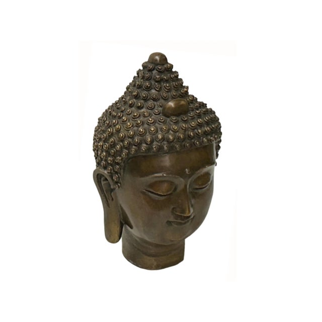 1980s Vintage Chinese Brown Bronze Color Metal Shakyamuni Buddha Head Figure For Sale - Image 5 of 10