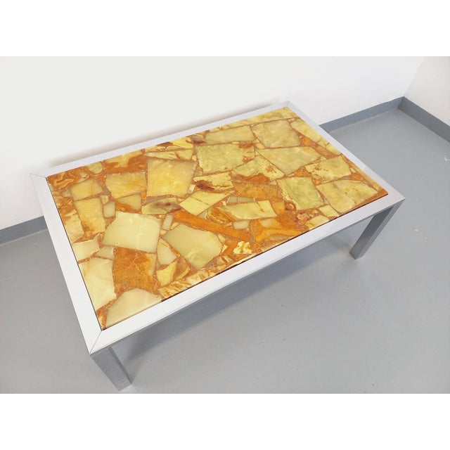 Large Vintage Coffee Table in Chrome Metal, Yellow Onyx Type and Resin, 1970s For Sale - Image 3 of 15