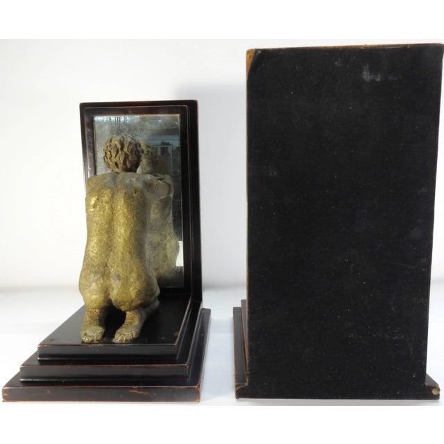 Glass Mid-20th Century Kneeling Men on Wooden Bookends With Mirrors For Sale - Image 7 of 11